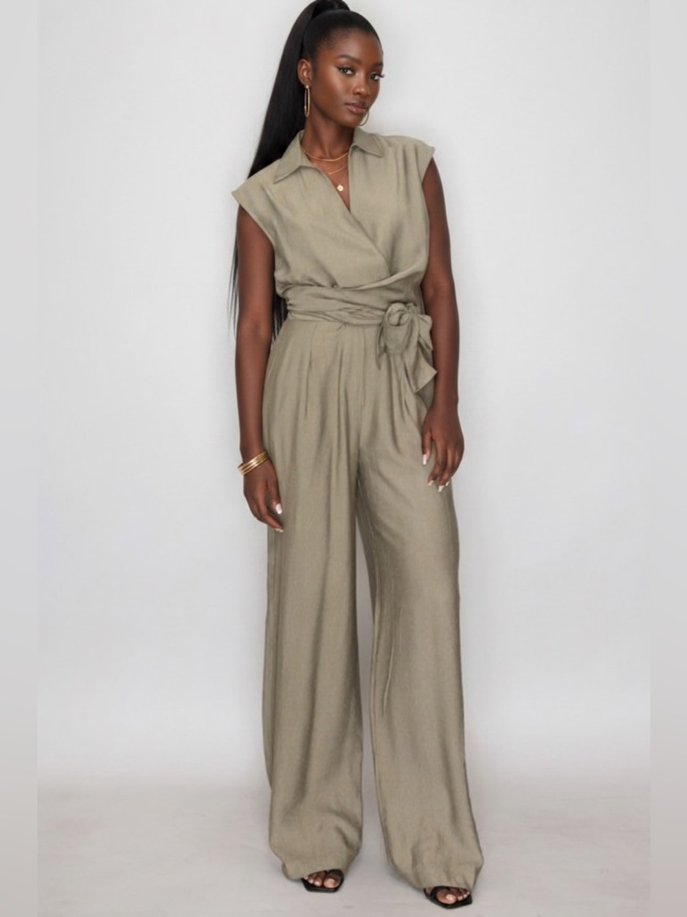 Haute Monde Sleeveless Wrap Jumpsuit in Olive